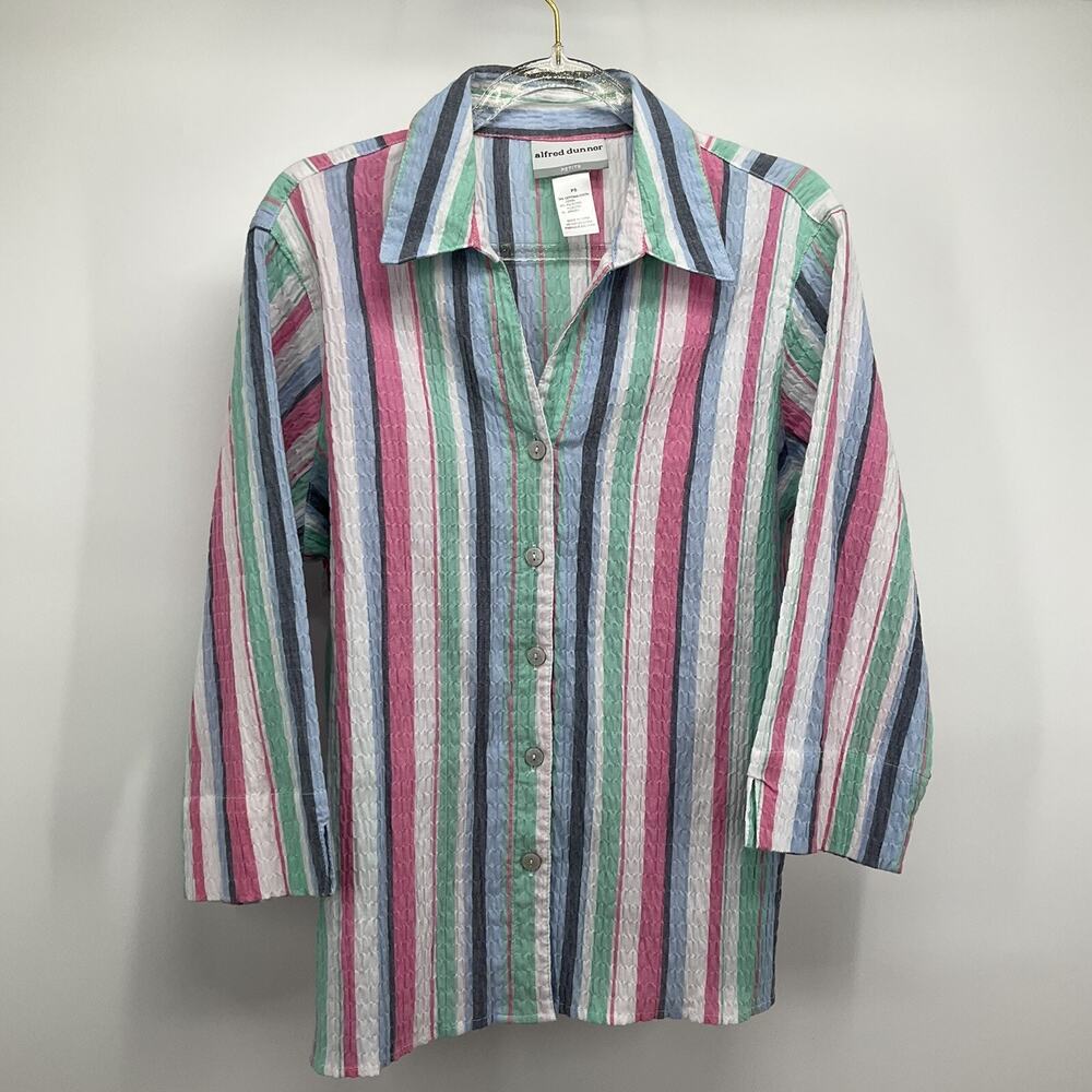 Alfred Dunner Seersucker Stripe Shirt 3/4 Sleeve Petite Small PS Coastal Grandma